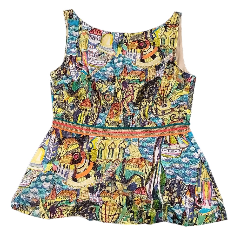 Weston Anthropologie Cityscape Print Peplum Sleeveless Tank Top Womens Size XS